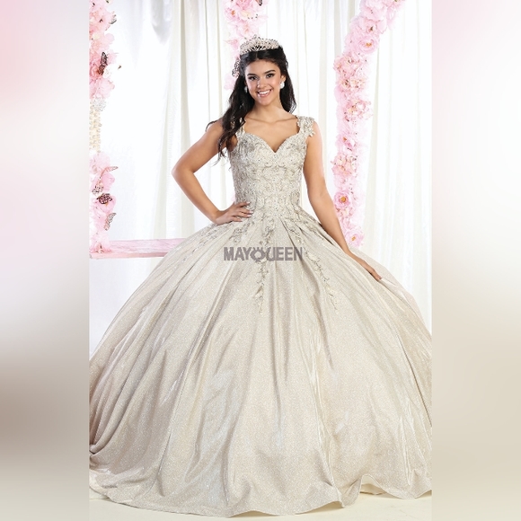 Lace applique beaded off the  shoulder long floor length lace up back ball gown - Picture 9 of 13